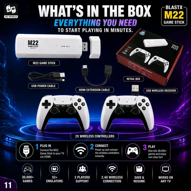 M22 Retro Gaming Console - Wireless Controller Gamepad - with 52 Emulators 30,000+ Games,1080P HD Graphics,64GB Storage,Video Game TV Stick for All Ages 

