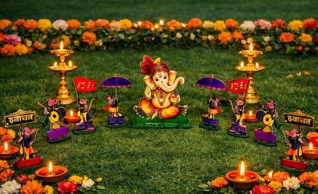 Wooden MDF Ganpati Set for Ganpati Utsav Ofice Mandir Decoration for Home & Decor