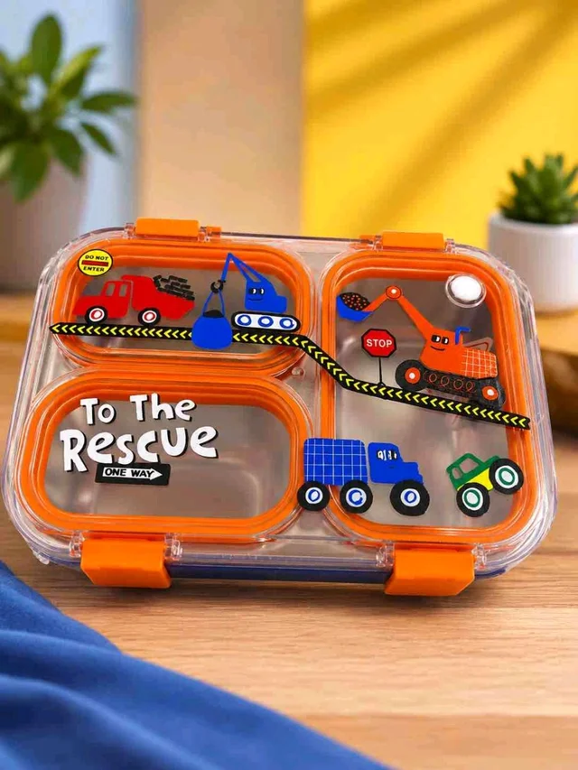 Kids Lunch Box with Stainless Steel Compartments, Orange, Back to School, Goal and Rescue Themes
