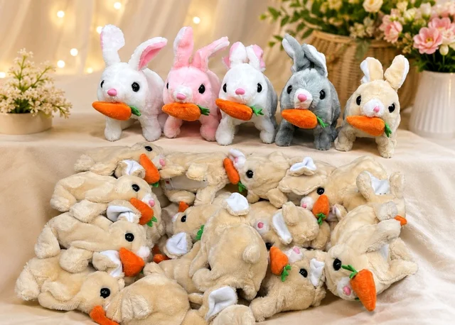 Battery Operated, Plush Rabbit with Sound, Carrot Accessory, Soft Stuffed Animal, Educational Birthday Gift|Electronic walking and hopping rabbit soft toy