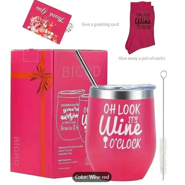 Vacuum Insulated Red Wine Glass with Push Pull Water Cover, Stainless Steel Straw, Straw Brush 350 ml |Greetings card|Pair of Socks