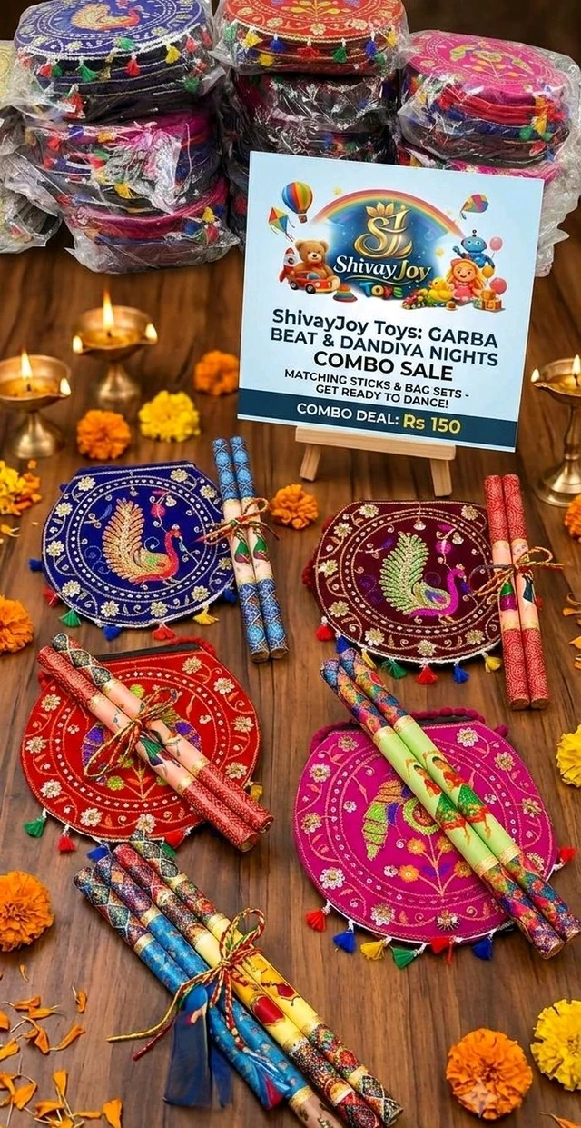 The "Dandiya Queen" Solo Festive Pack

Combo Contents:
1 Pair of Dandiya Sticks (Choice of matching print/color tone)  
1 Traditional Round Sling Bag (Mirror & thread-work with tassel fringe)  
Highlight / Hook: "All set for the beat! Carry your phone & essentials in style while you dance."
