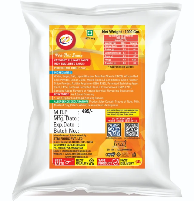 AM2Pm Peri Peri Sauce - 1 Kg Packet, Lite Red, Liquid, 1 Kg, Sauce