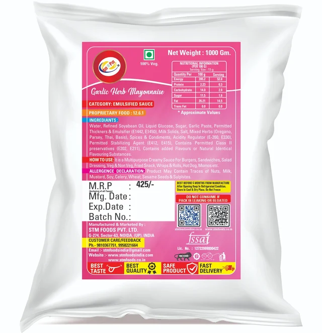 AM2PM Garlic Herb Mayonnaise - 1 Kg Packet, White, Emulsion Liquid, 1 Kg, Mayonnaise