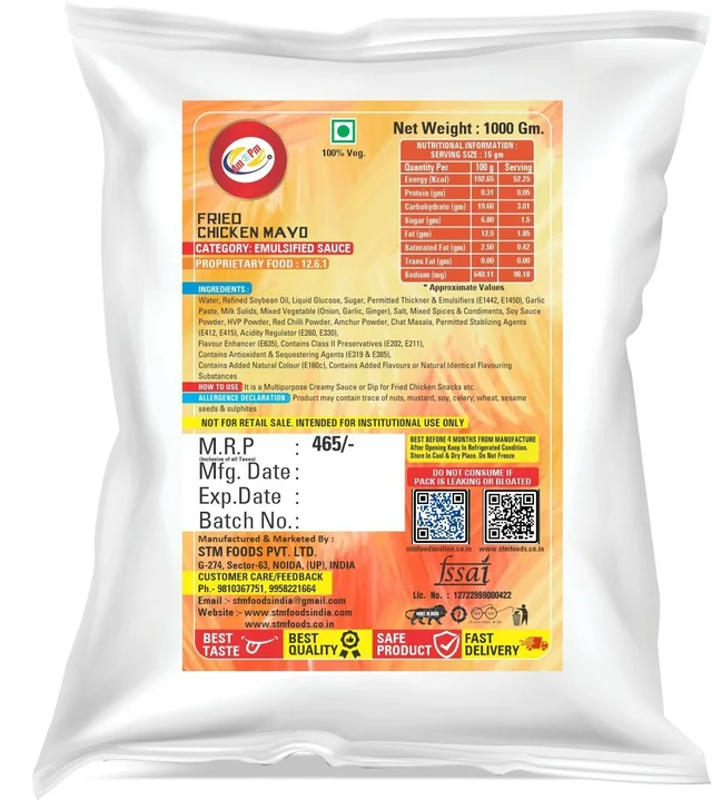 Fried Chicken Mayonnaise - 1 kg Packet, Lite Whitish Red, Emulsion Liquid, 1 Kg, Mayonnaise