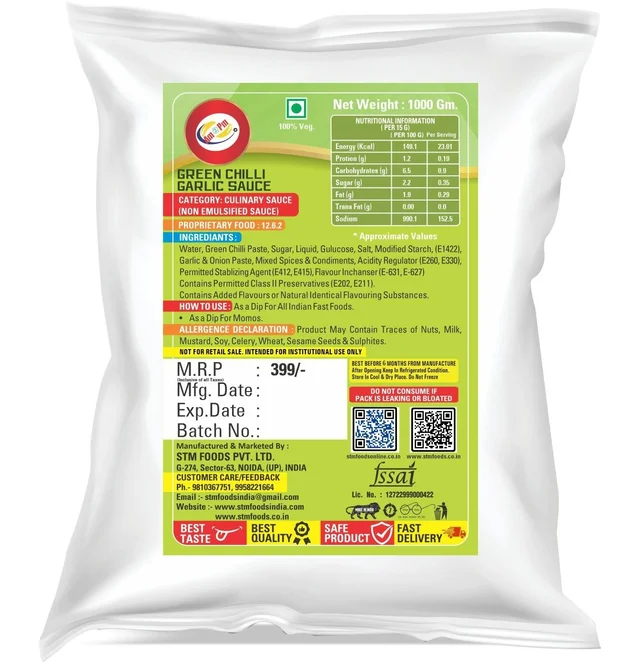 AM2PM Green Chili Garlic Sauce - 1 kg Packet, Green, Liquid, 1 Kg, Sauce