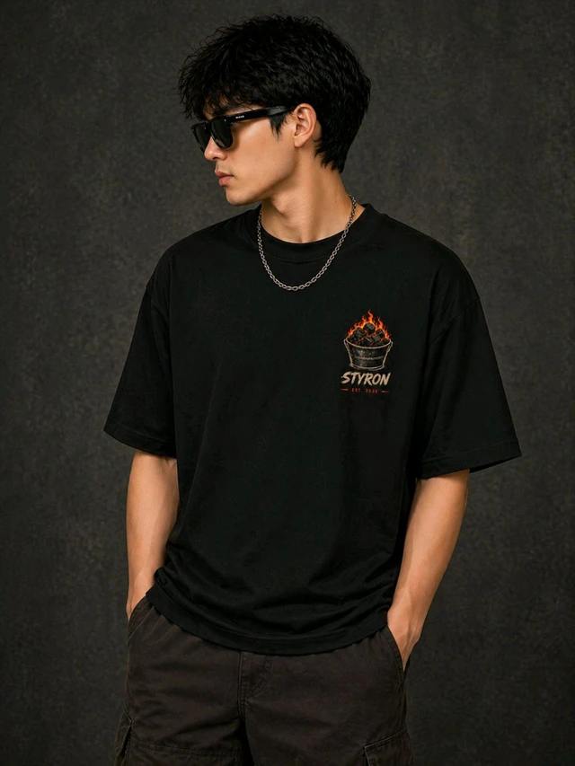 STYRON Premium Regular Fit T-Shirt with Flame Logo Print - L, Black