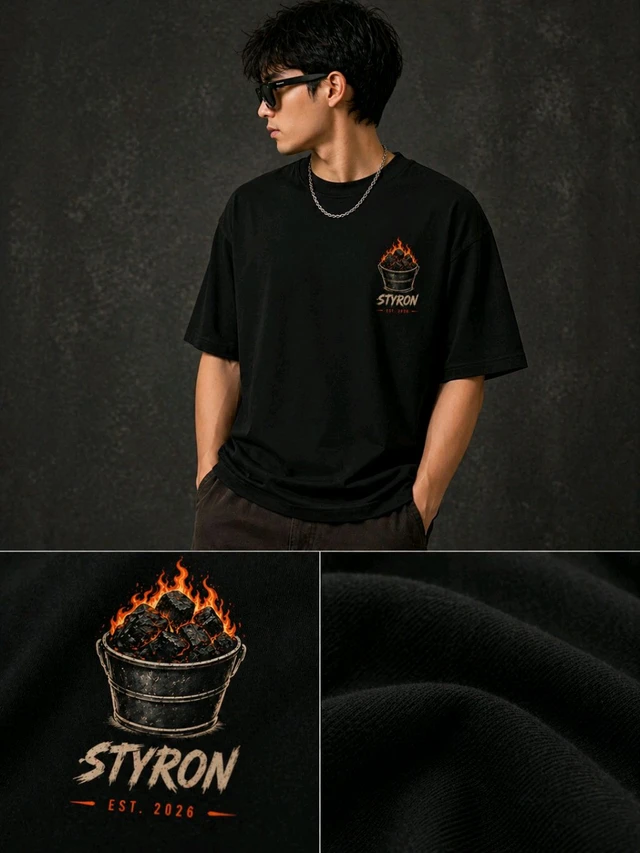 STYRON Premium Regular Fit T-Shirt with Flame Logo Print - L, Black