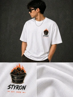 STYRON Premium Regular Fit T-Shirt with Flame Logo Print - L, White