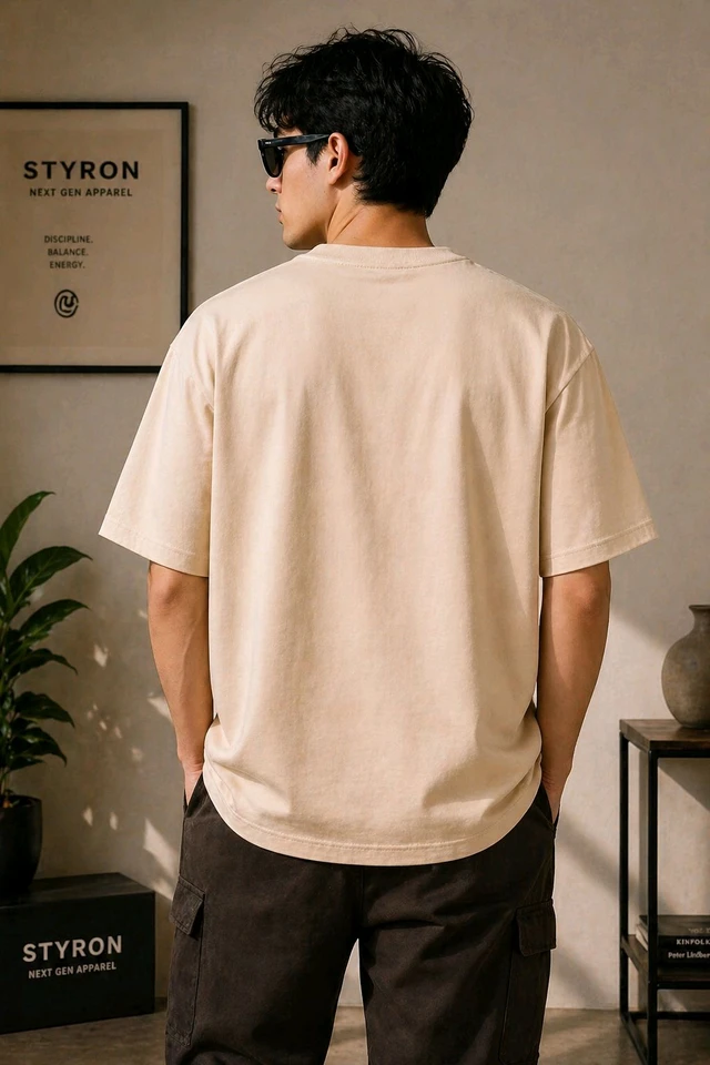 STYRON Master of Chi Oversized T-Shirt – Premium Streetwear Panda Print - L, Beige