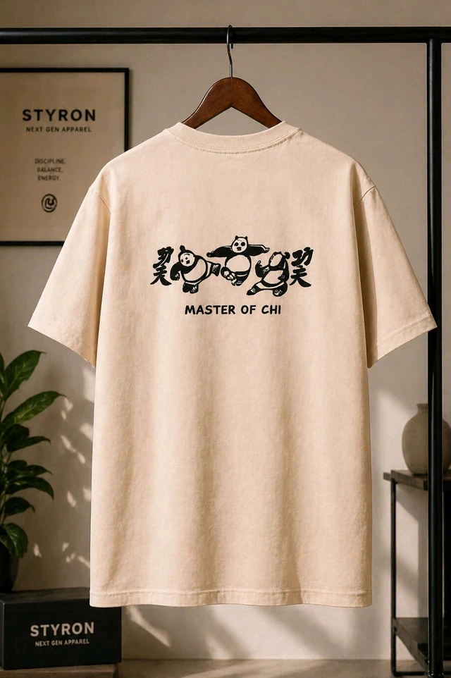 STYRON Master of Chi Oversized T-Shirt – Premium Streetwear Panda Print - L, Beige