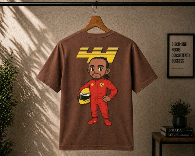 STYRON Racing 44 Oversized T-Shirt – Cartoon Motorsport Graphic Tee - S, brown