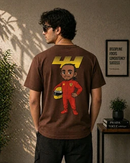STYRON Racing 44 Oversized T-Shirt – Cartoon Motorsport Graphic Tee - L, brown