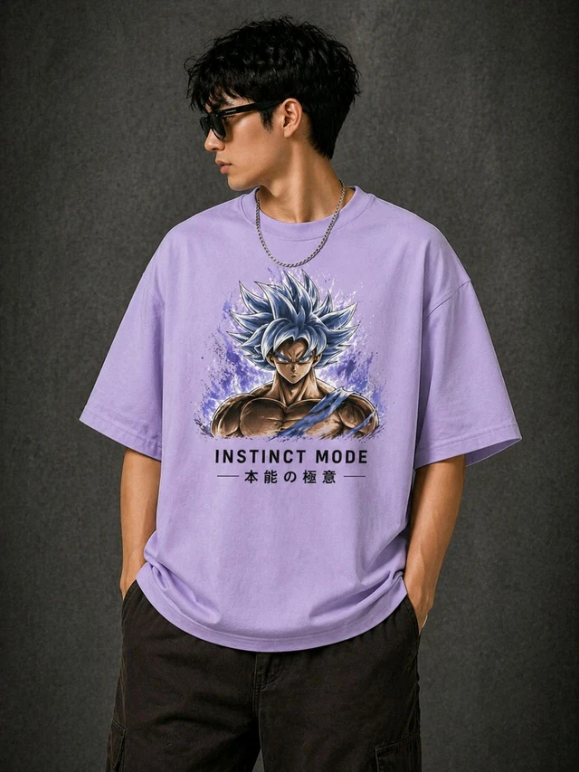 STYRON Instinct Mode Oversized T-Shirt – Anime Style Graphic Tee (Beige & Lavender)