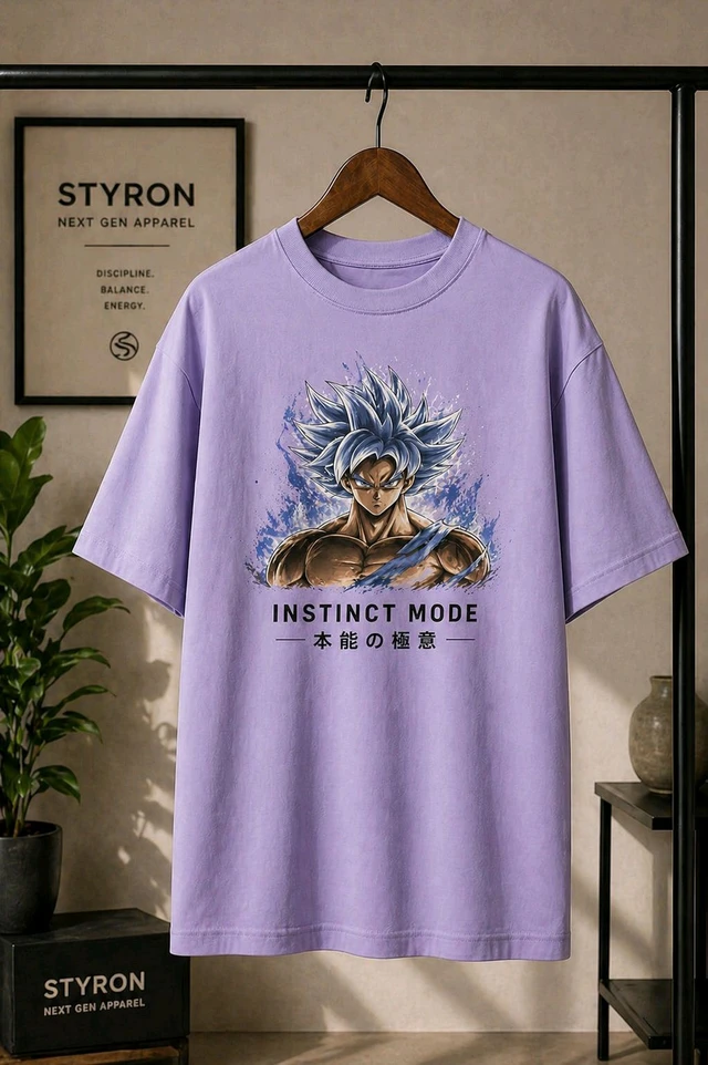 STYRON Instinct Mode Oversized T-Shirt – Anime Style Graphic Tee (Beige & Lavender) - L, Lavender