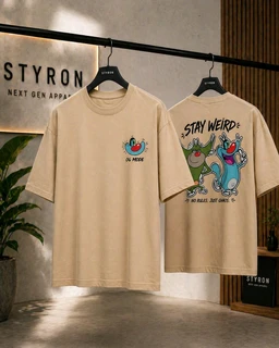 STYRON Stay Weird Oversized T-Shirt – Graphic Back Print Streetwear Tee (Beige) - S, Beige