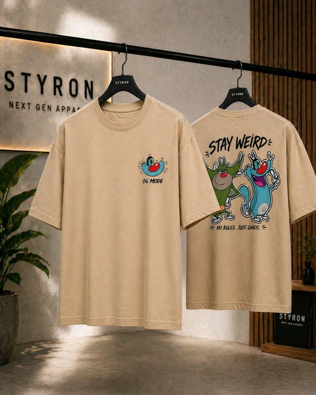 STYRON Stay Weird Oversized T-Shirt – Graphic Back Print Streetwear Tee (Beige) - S, Beige