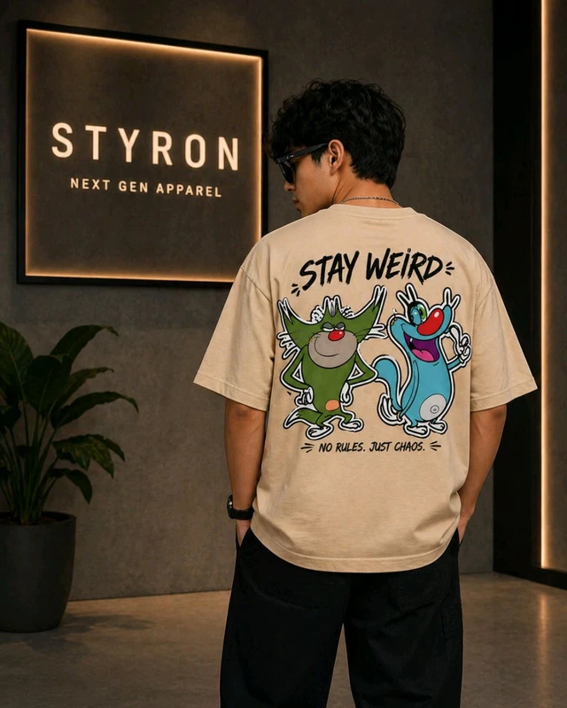 STYRON Stay Weird Oversized T-Shirt – Graphic Back Print Streetwear Tee (Beige) - L, Beige