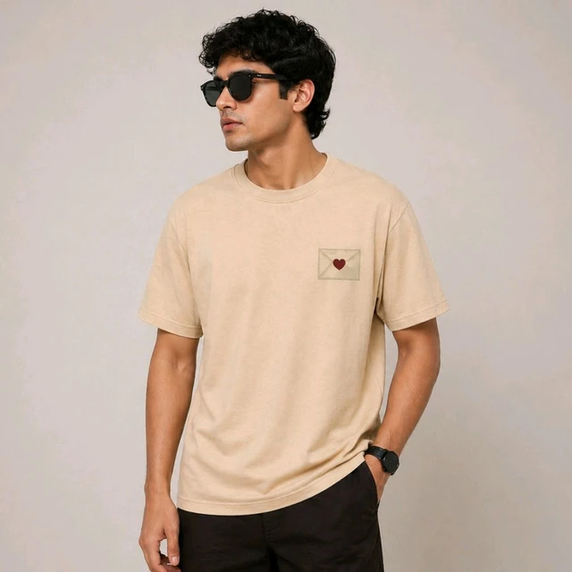 STYRON Minimal Heart Patch Regular Fit T-Shirt – Soft Cotton Casual Tee (Beige/Brown)