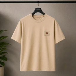 STYRON Minimal Heart Patch Regular Fit T-Shirt – Soft Cotton Casual Tee (Beige/Brown) - S, Beige