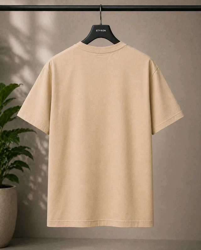STYRON Minimal Heart Patch Regular Fit T-Shirt – Soft Cotton Casual Tee (Beige/Brown) - S, Beige