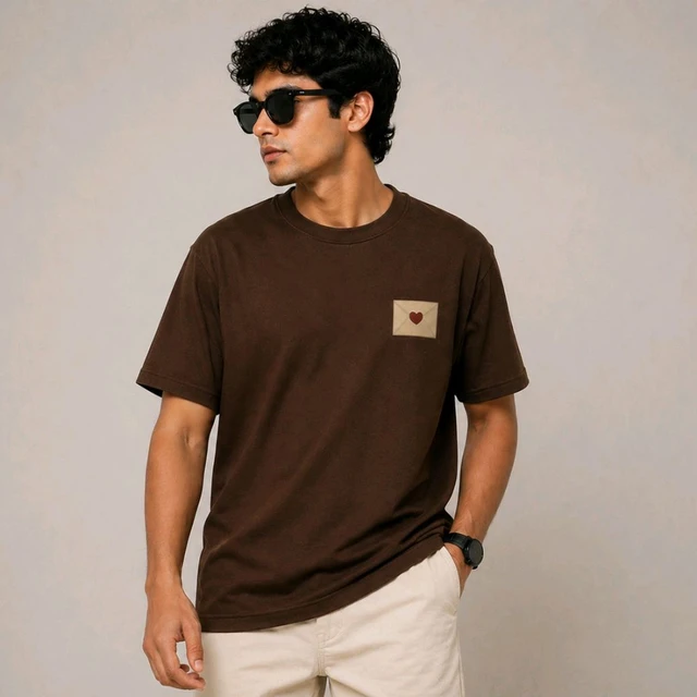 STYRON Minimal Heart Patch Regular Fit T-Shirt – Soft Cotton Casual Tee (Beige/Brown) - S, Brown