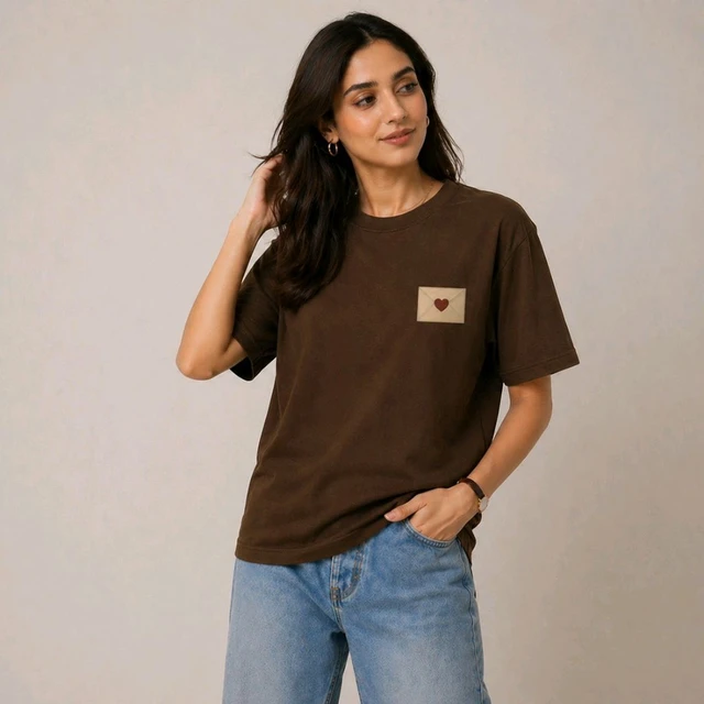 STYRON Minimal Heart Patch Regular Fit T-Shirt – Soft Cotton Casual Tee (Beige/Brown) - S, Brown