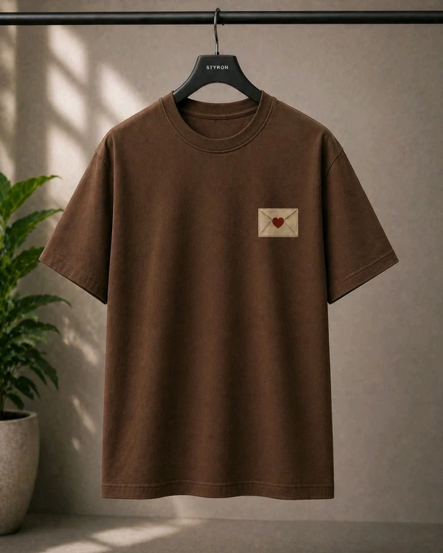 STYRON Minimal Heart Patch Regular Fit T-Shirt – Soft Cotton Casual Tee (Beige/Brown) - M, Brown