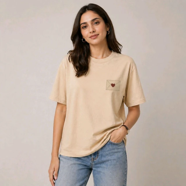 STYRON Minimal Heart Patch Regular Fit T-Shirt – Soft Cotton Casual Tee (Beige/Brown) - L, Beige