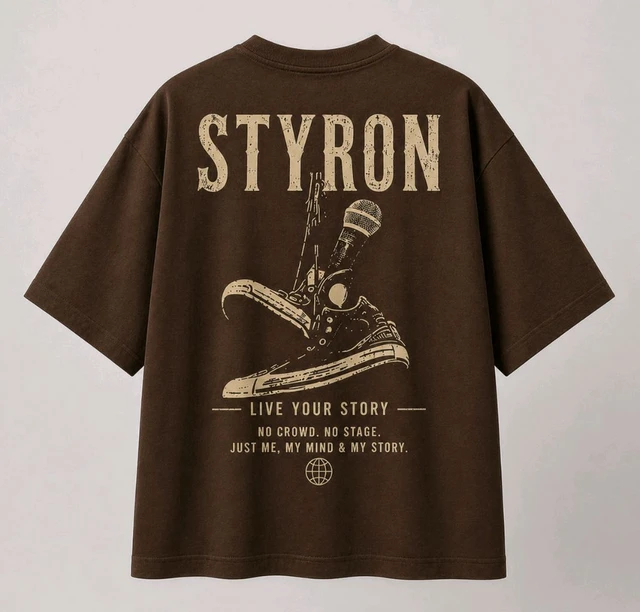 STYRON Oversized Graphic T-Shirt – “Live Your Story” Back Print (Brown) - M, Brown