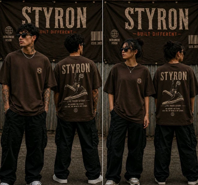 STYRON Oversized Graphic T-Shirt – “Live Your Story” Back Print (Brown) - L, Brown
