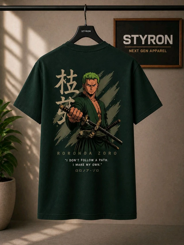 STYRON Oversized Anime Graphic T-Shirt – Green Back Print Streetwear Tee - S, Deep Green