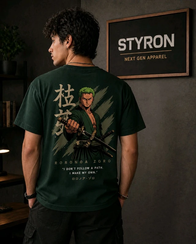 STYRON Oversized Anime Graphic T-Shirt – Green Back Print Streetwear Tee