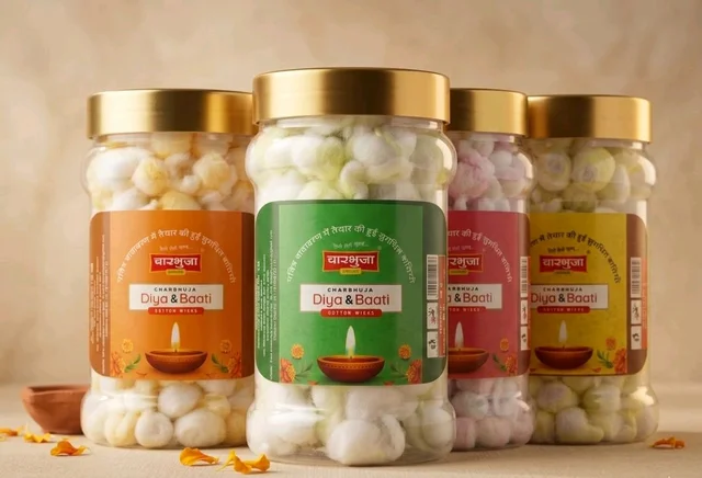 Charbhuja Cotton wicks (Rui baati) [Set of 4 fragrance Rose,Chandan,mogra and kesar]