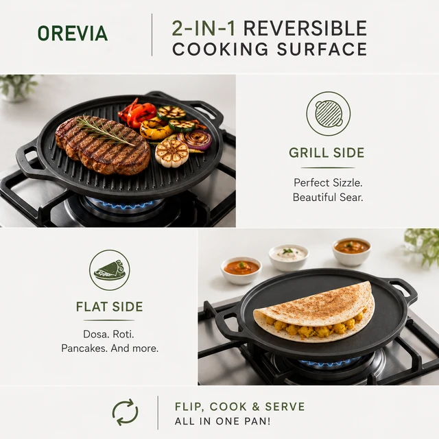 Cast Iron 2-in-1 Tawa & Grill — 30cm, Pre-Seasoned