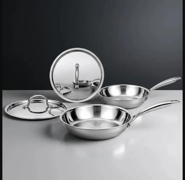 Triply Stainless Steel Fry Pan Set with Lids — Large & Small