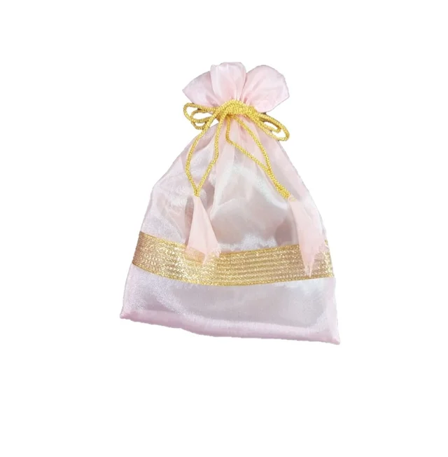 Manvicare 13" By10" Transparent Light Pink Crystal Mesh Mirror Organza Silk Fabric Multiuse Potli Style Saree Bags/Gifting Bags -Pack of 1 Potli Bag-Baby Pink Color - 13" x 10"