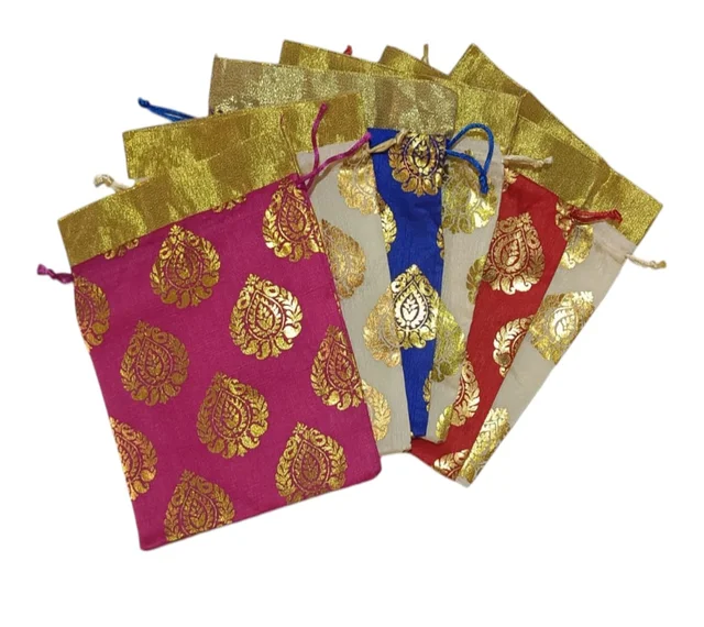 Manvicare Pack of 6 Shagun Potlies - 500 Grams Dry Fruits Capacity Shagun Potli Bags/Festive Gifts Potli Bags - Fabric Silk Brocade - Multicolor