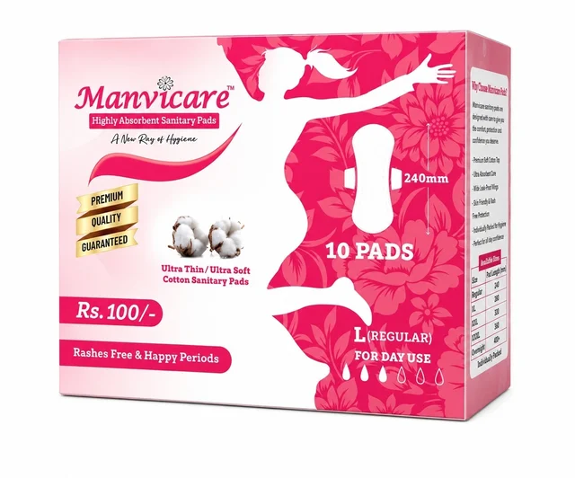 Manvicare Regular Size Softcare L ( 240mm ) - Cotton Sanitary Pads for Women - 10 Sanitary Napkins - L