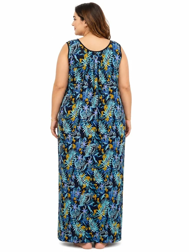Manvicare Sleeveless Nighties for Women, Rayon, Tropical Leaf Print, Maxi - 6XL