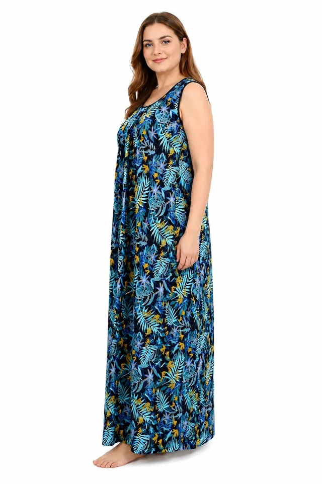 Manvicare Sleeveless Nighties for Women, Rayon, Tropical Leaf Print, Maxi - 6XL