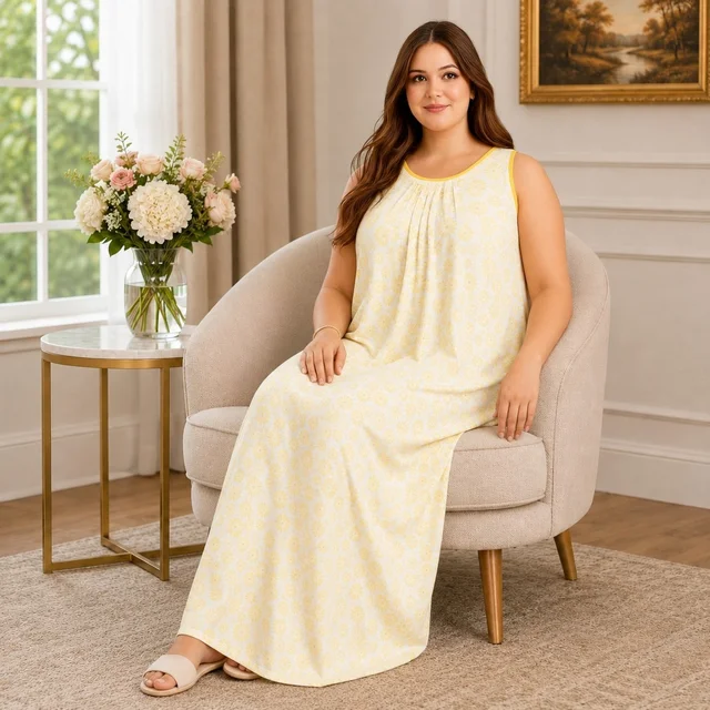 Manvicare Plus Size Soft Rayon Fabric Sleeveless Nighty for Women, Girls - Yellow Floral Print - 2XL