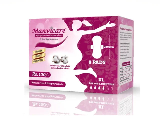 Manvicare Medium Size XL (280mm ) - Anion Cotton Sanitary Pads for Women - 8 Sanitary Napkins - XL