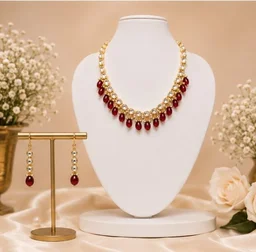 ELEGANT KUNDAN NECKLACE SET - Adjustable, Red