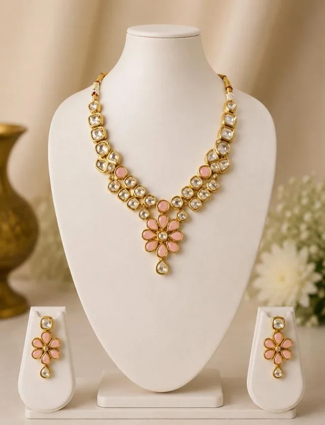 ELEGANT KUNDAN NECKLACE SET - Adjustable, Baby pink