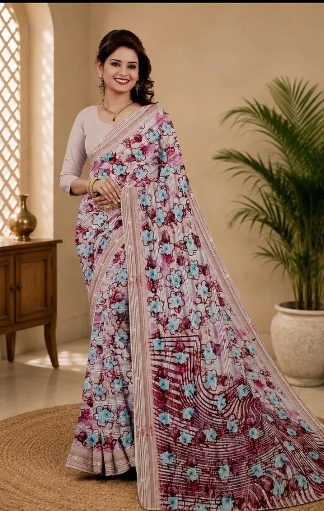 ELEGANT FLORAL DESIGNER SAREE - Peach Apricot, Baby Pink