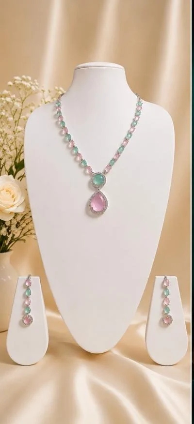 AMERICAN DIAMOND NECKLACE SET - Adjustable, Blue-Baby Pink