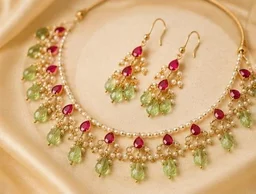 ELEGANT KUNDAN NECKLACE SET - Adjustable, Red-Green
