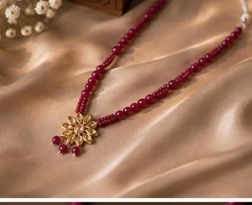 PREMIUM-SEMI PRECIOUS QUARTZ STONE BEADS HARAM - Adjustable, Ruby-Red