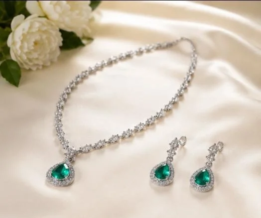 AMERICAN DIAMOND NECKLACE SET - Adjustable, Mint Blue